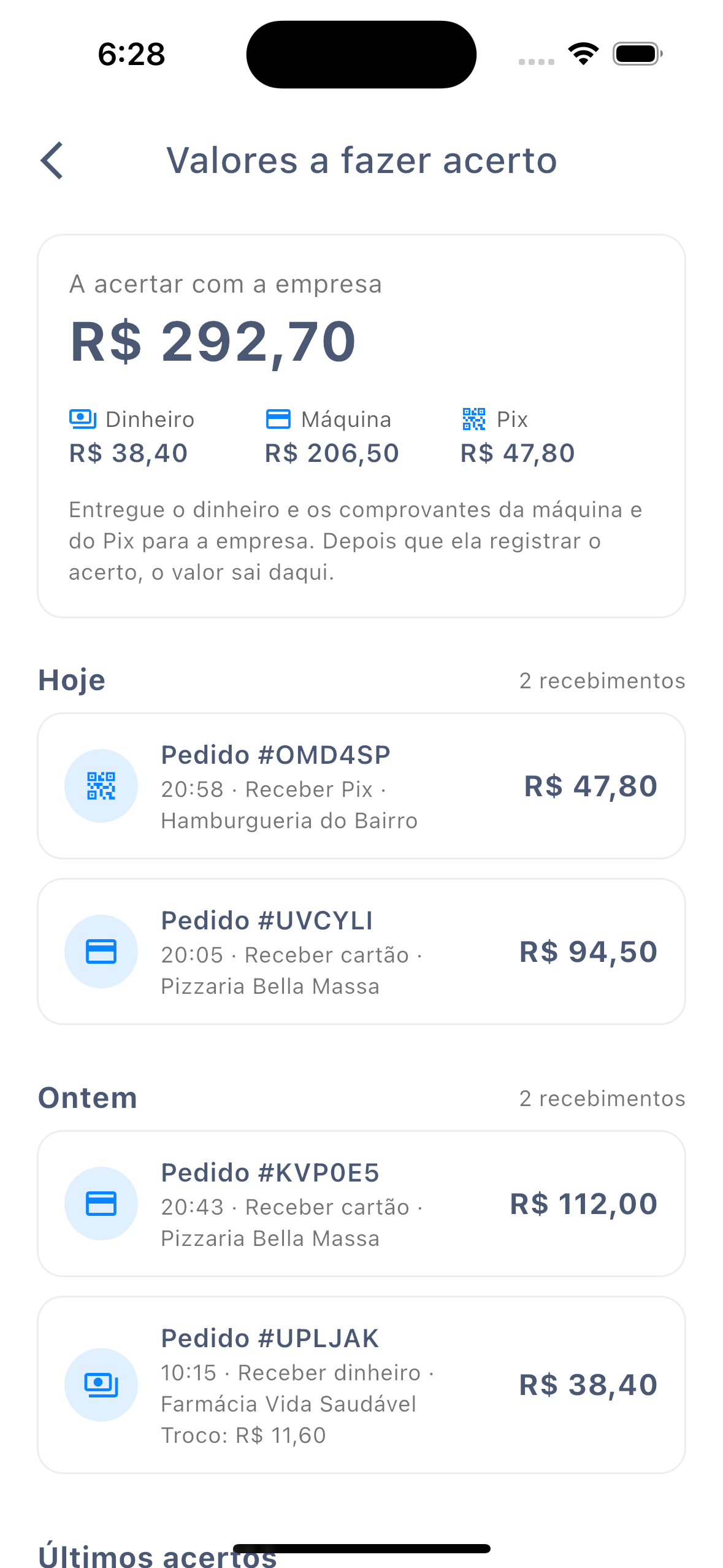 Tela Valores a fazer acerto no app do entregador