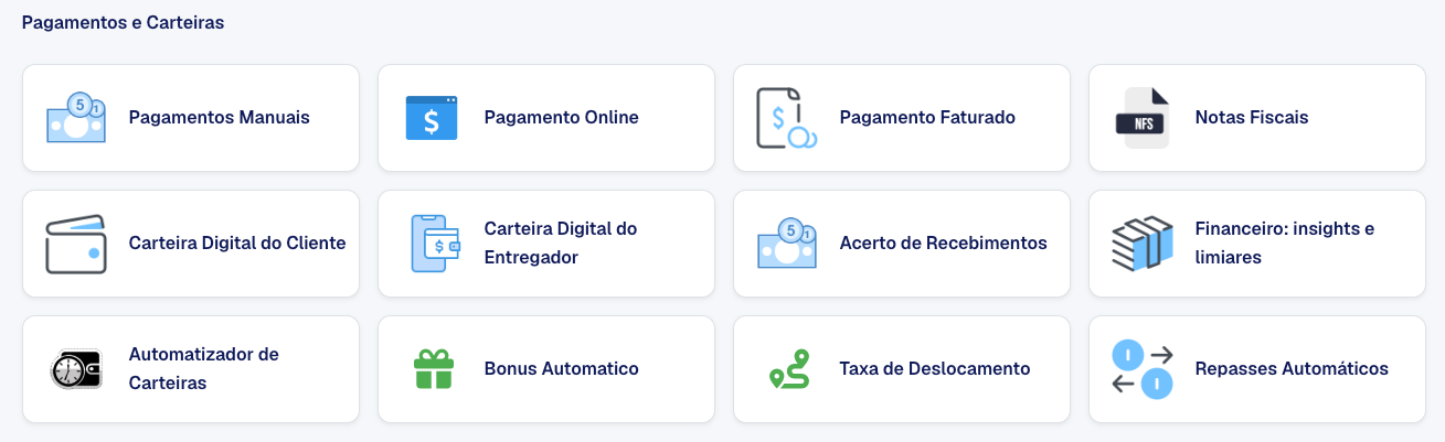 Cards Pagamento Online e Repasses Automáticos na tela de Configurações