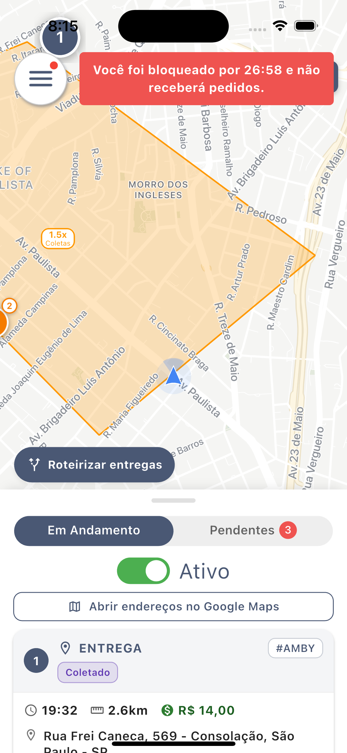 Tela inicial do app com o aviso de entregador bloqueado