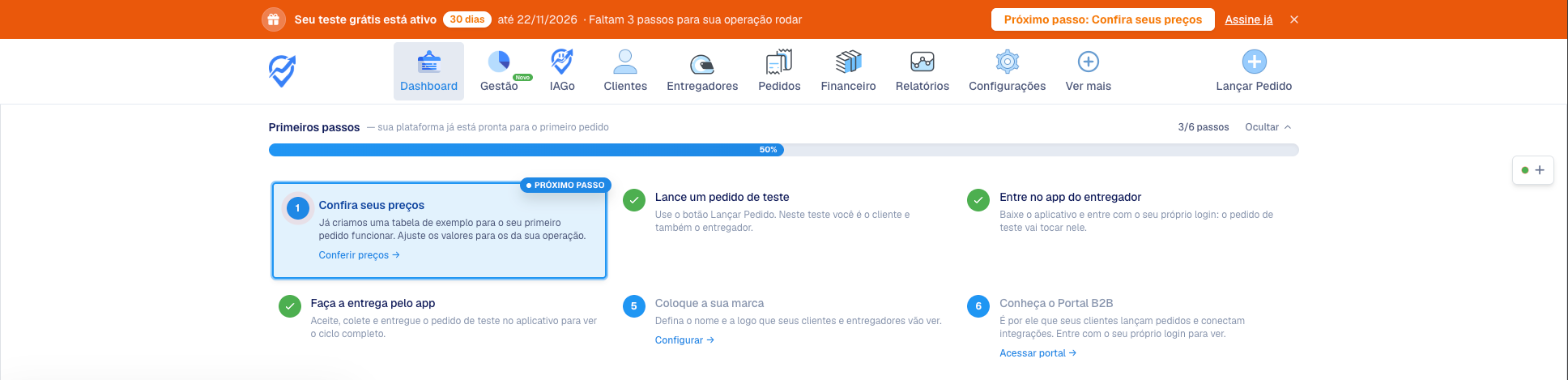 Checklist Primeiros passos no topo do Dashboard com a barra de progresso e os passos, o atual em destaque