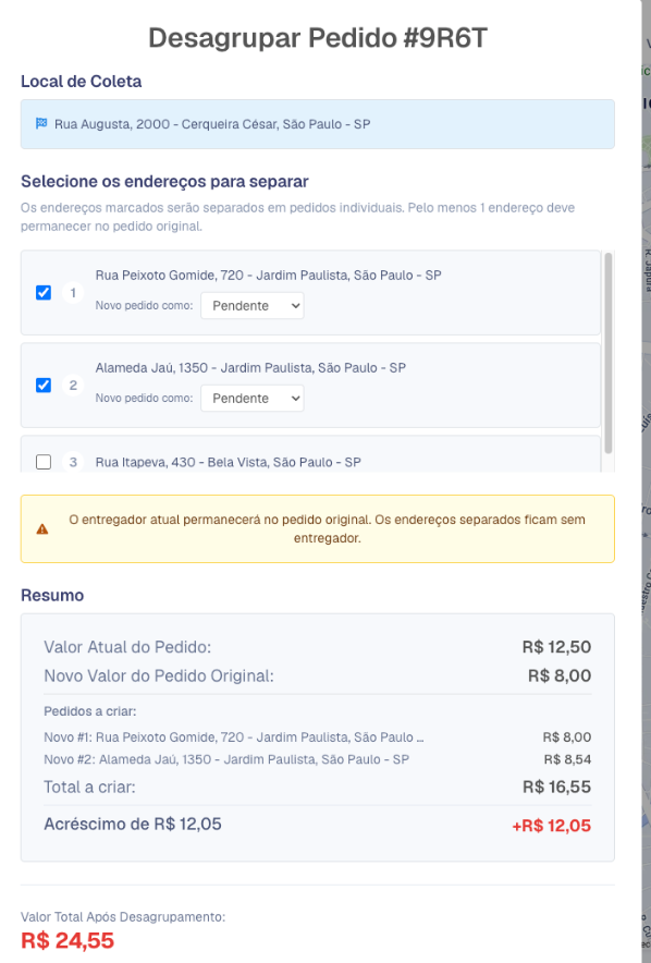 Janela Desagrupar pedido com o local de coleta, três entregas, duas marcadas com o status do novo pedido, e o resumo de valores