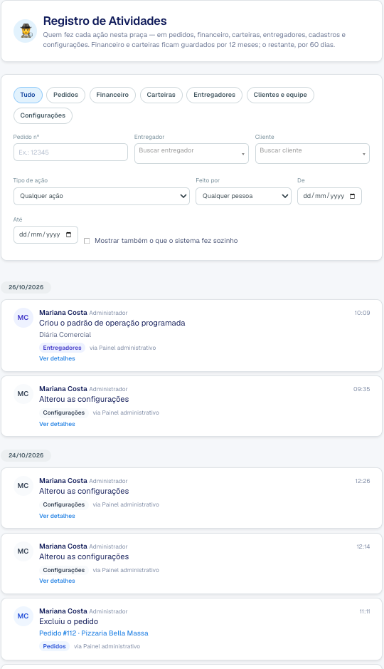 Tela Registro de Atividades com as abas por área, os filtros e a lista de atividades