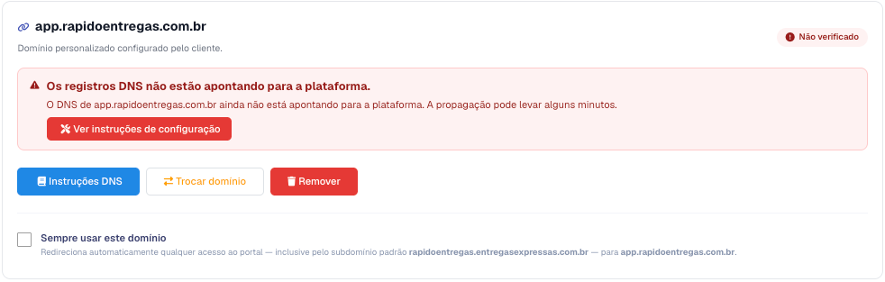 Cartão do domínio personalizado com o selo Não verificado, o aviso dos registros DNS, os botões Instruções DNS, Trocar domínio e Remover e a opção Sempre usar este domínio