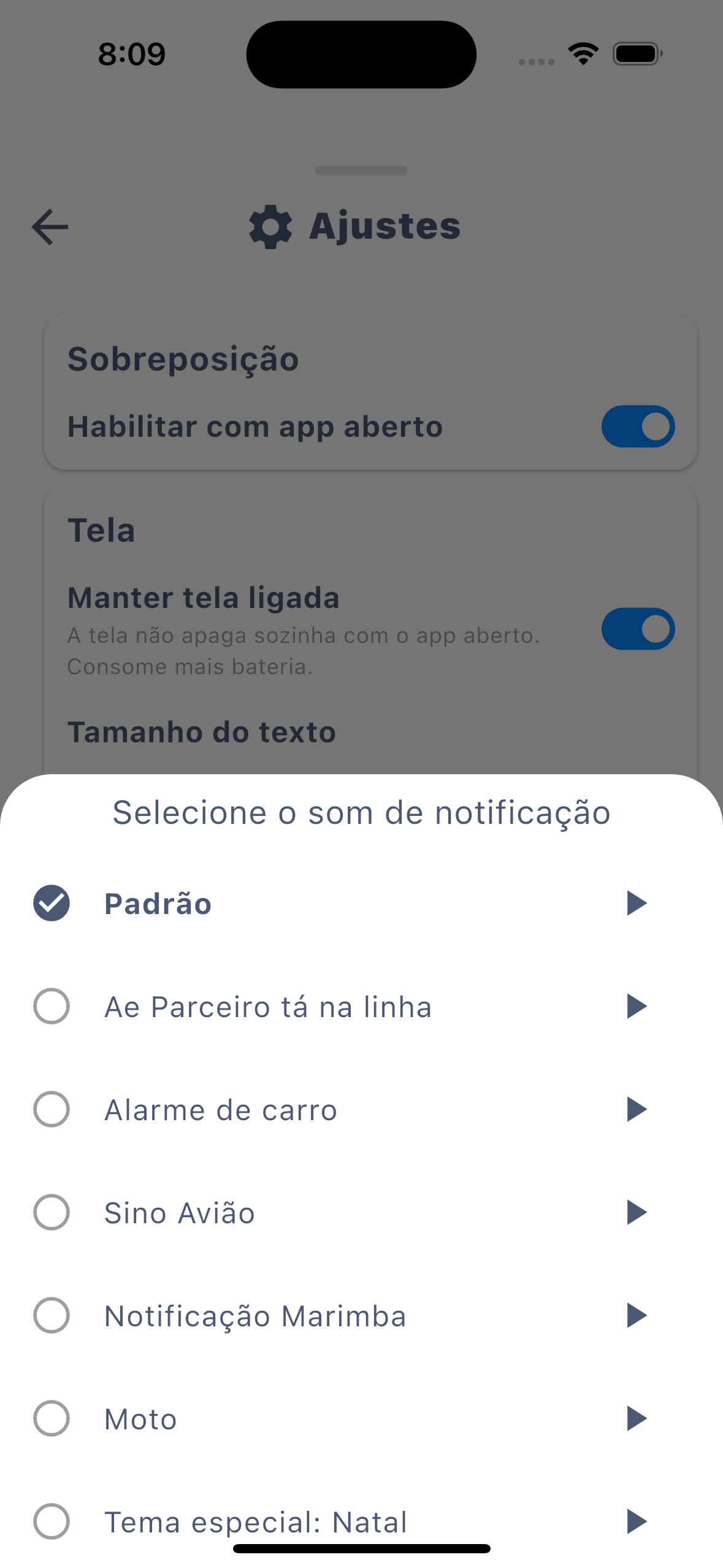 Lista de sons de notificação do app do entregador