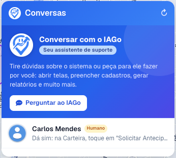 Painel da bolha aberto com o item fixo Conversar com o IAGo e o botão Perguntar ao IAGo