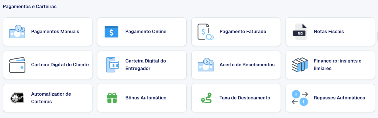 Card Taxa de Deslocamento no grupo Pagamentos e Carteiras das Configurações