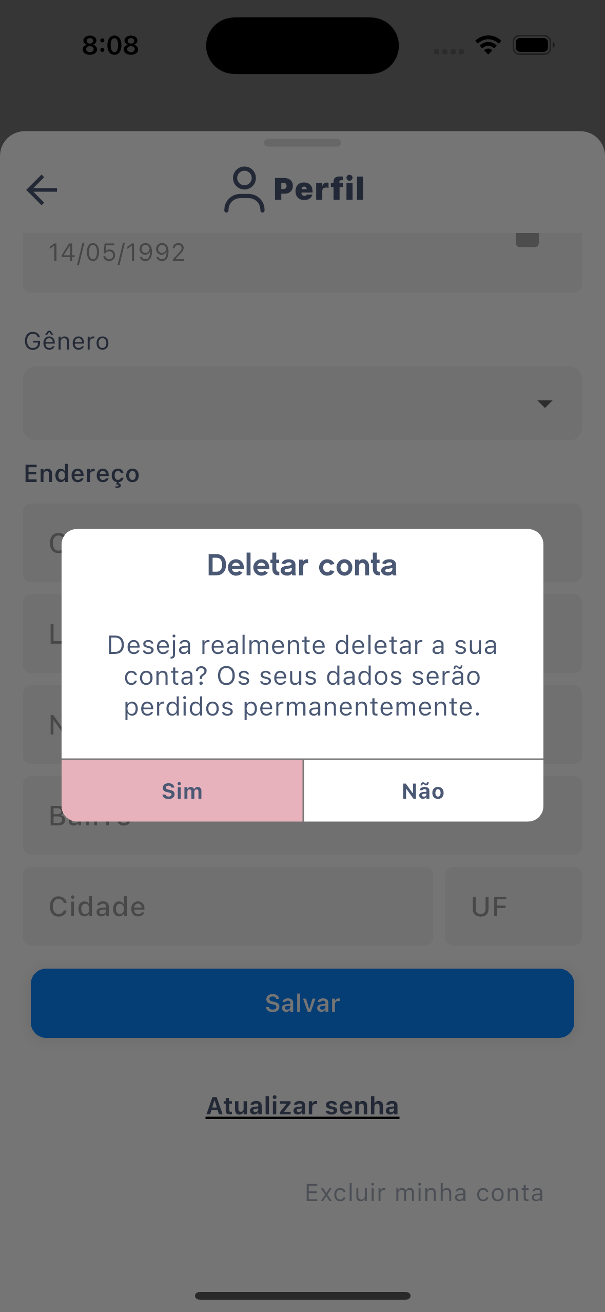 Diálogo Deletar conta no app do entregador