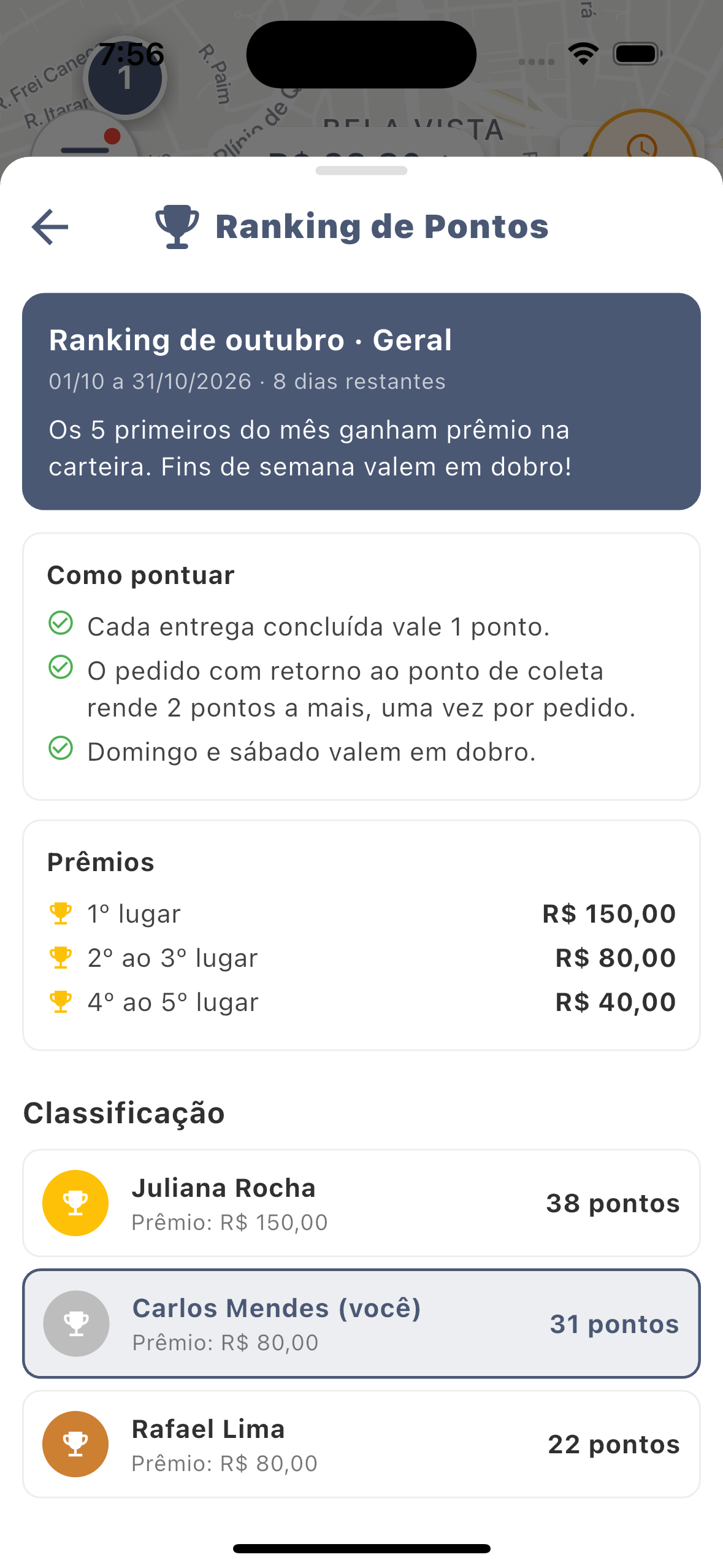 Tela Ranking de Pontos no app
