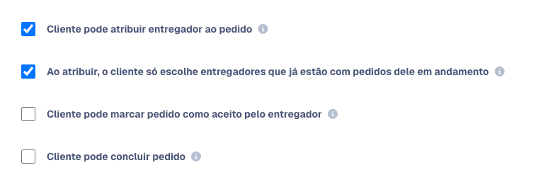 Configurações do Portal B2B com as opções de atribuição de entregador marcadas