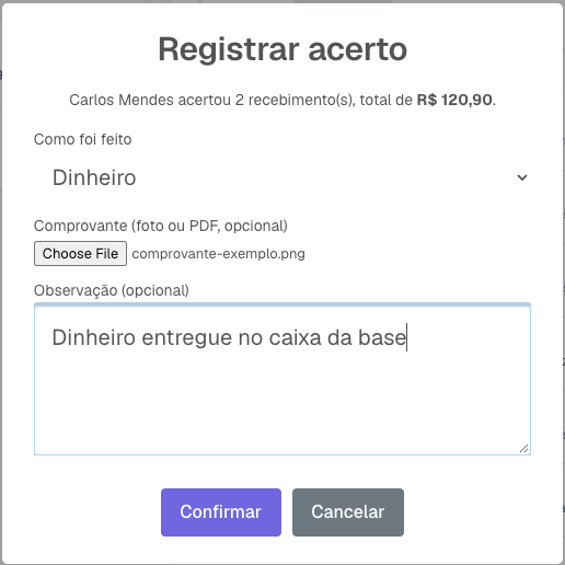 Janela Registrar acerto com forma, comprovante e observação