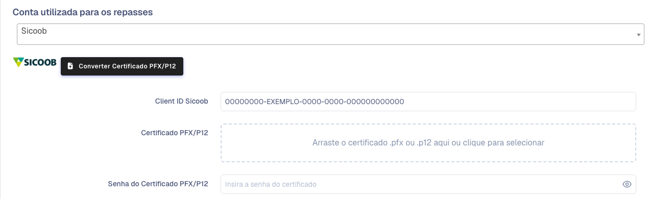 Tela de Repasses Automáticos com o Sicoob como conta dos repasses