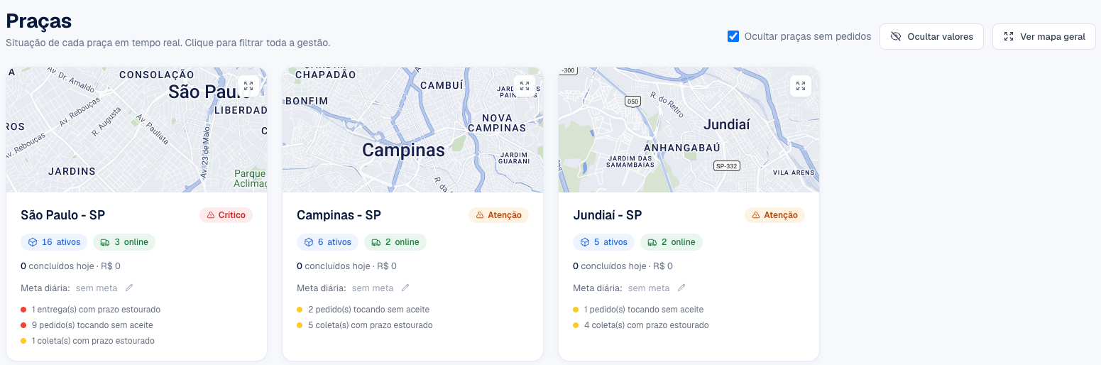 Página Praças da Gestão com o botão Ver mapa geral e o botão de ampliar no mapa de cada praça