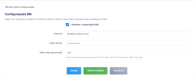 Tela Configurações 88i com a seguradora habilitada, Client ID, Client Secret e Valor segurado padrão preenchidos