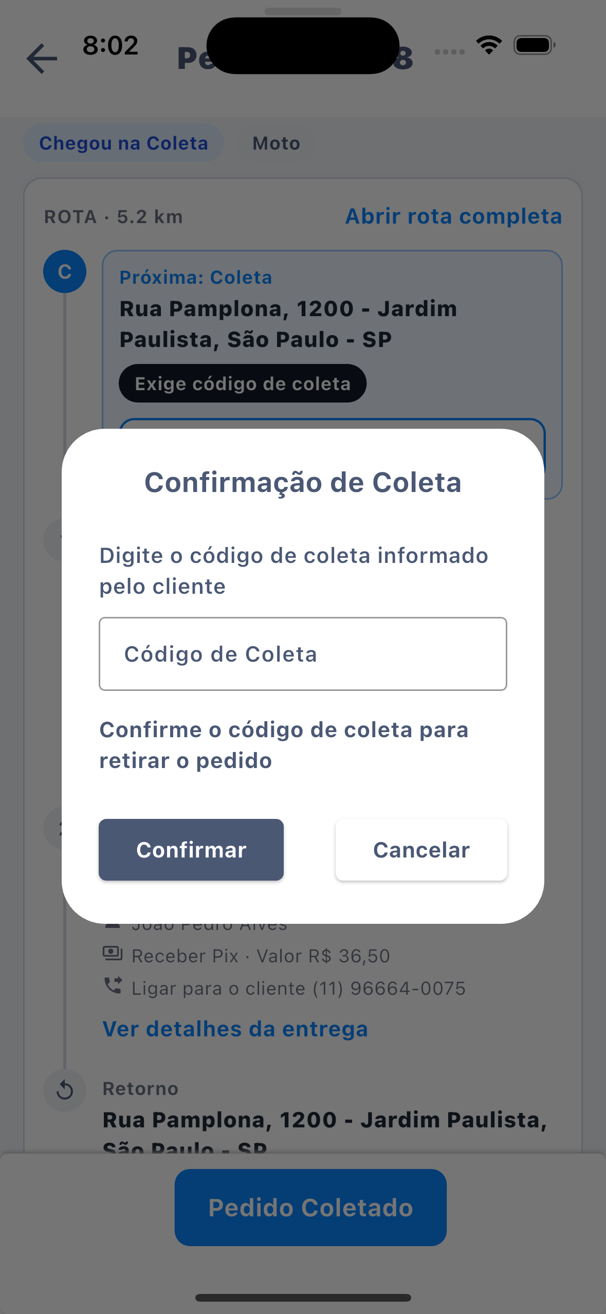 Diálogo Confirmação de Coleta pedindo o código