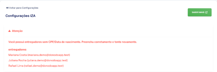 Aviso Atenção com a lista de entregadores sem CPF ou data de nascimento