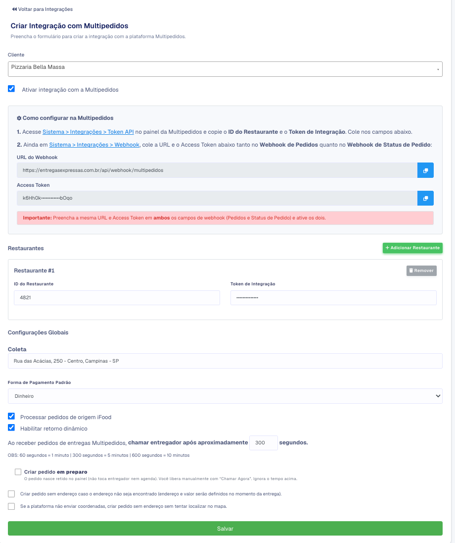 Formulário da integração Multipedidos com o quadro Como configurar na Multipedidos, a URL do Webhook, o Access Token e um restaurante preenchido