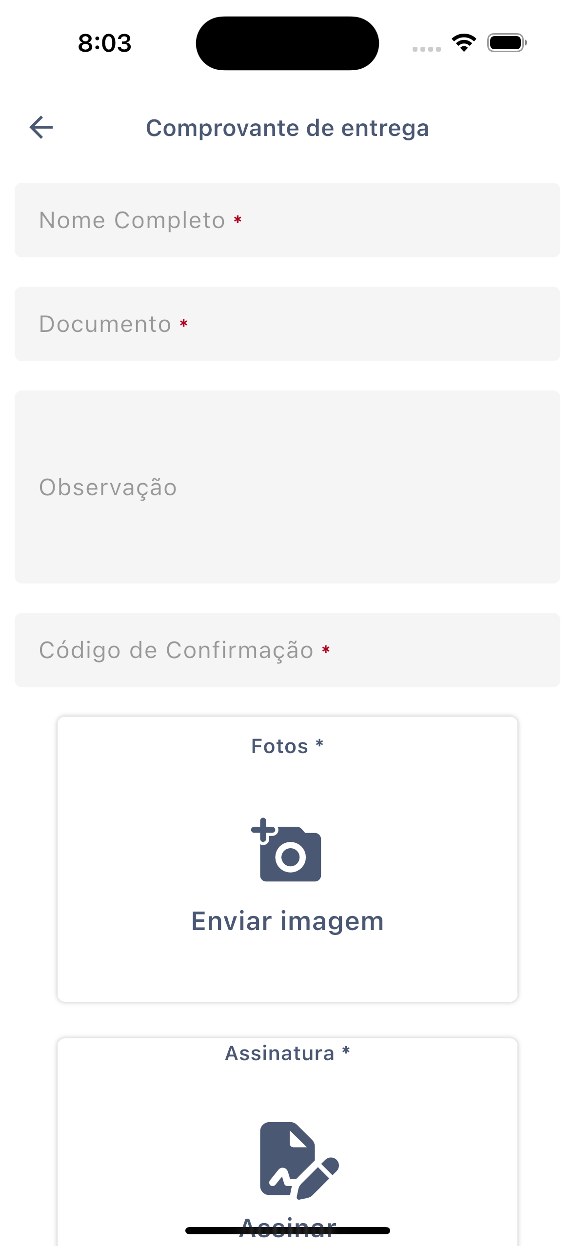 Formulário Comprovante de Entrega no app