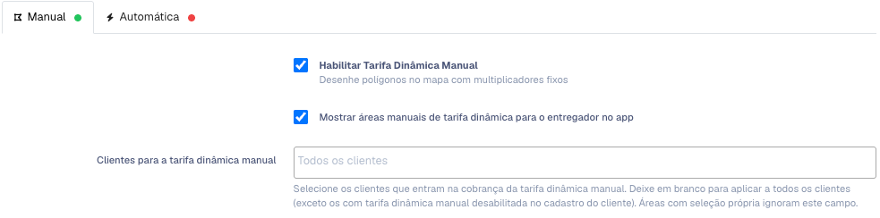 Tela Tarifa Dinâmica com a aba Manual aberta, a opção Habilitar Tarifa Dinâmica Manual marcada e o mapa abaixo