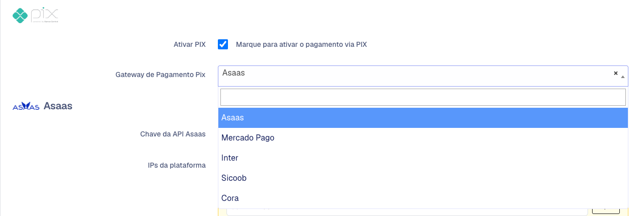 Bloco do Pix com Ativar PIX marcado e a lista de gateways aberta