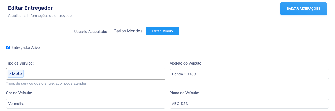 Tela Editar Entregador com usuário associado, tipo de serviço e dados do veículo