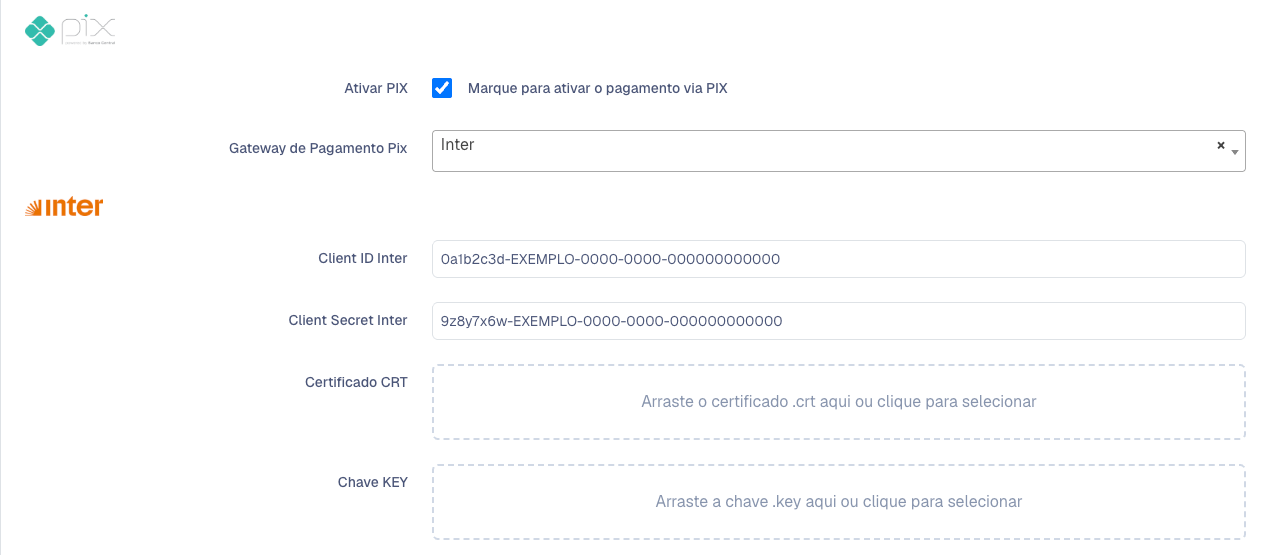 Bloco do Pix com o Inter escolhido e os campos Client ID, Client Secret, Certificado CRT e Chave KEY