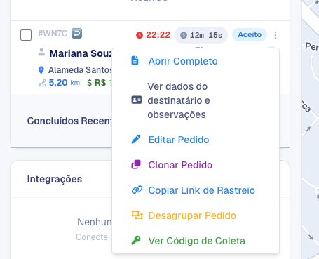 Menu de ações do pedido