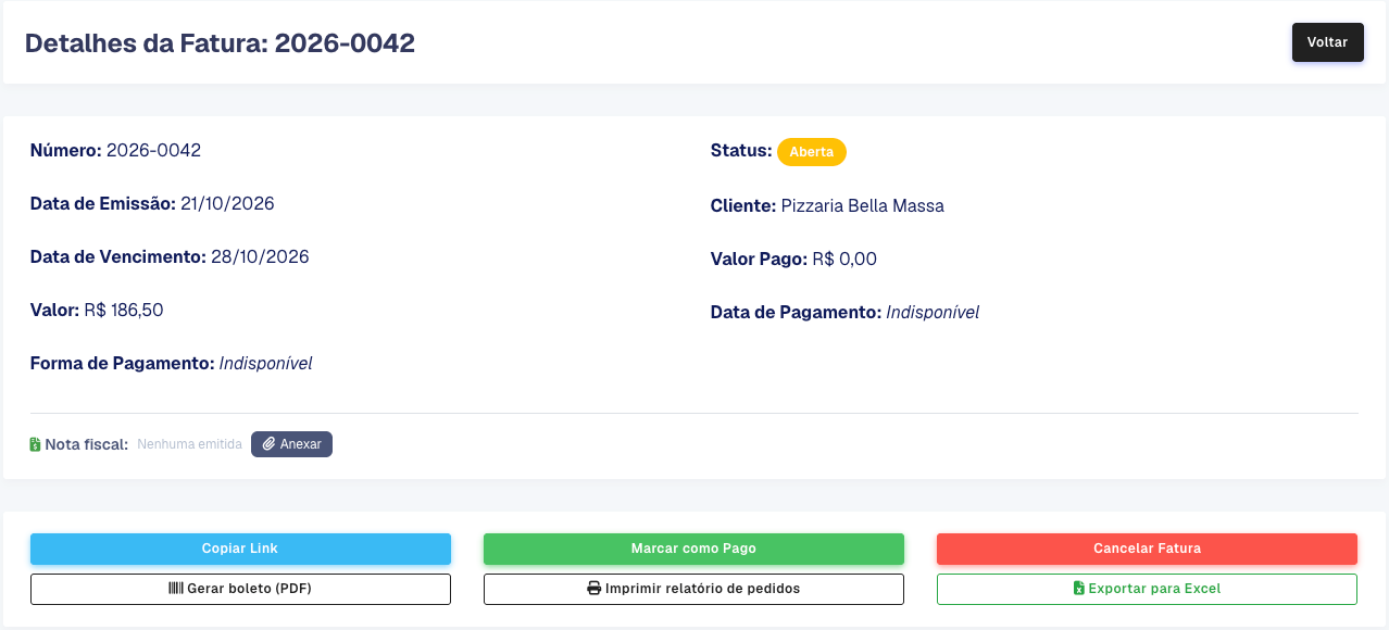 Tela Detalhes da Fatura com os dados no topo e os botões logo abaixo