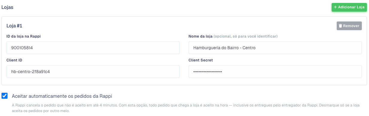 Bloco Lojas com ID da loja, Client ID e Client Secret preenchidos