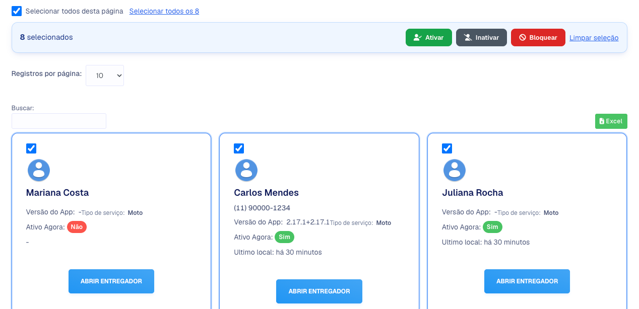 Barra azul com 8 selecionados e os botões Ativar, Inativar e Bloquear